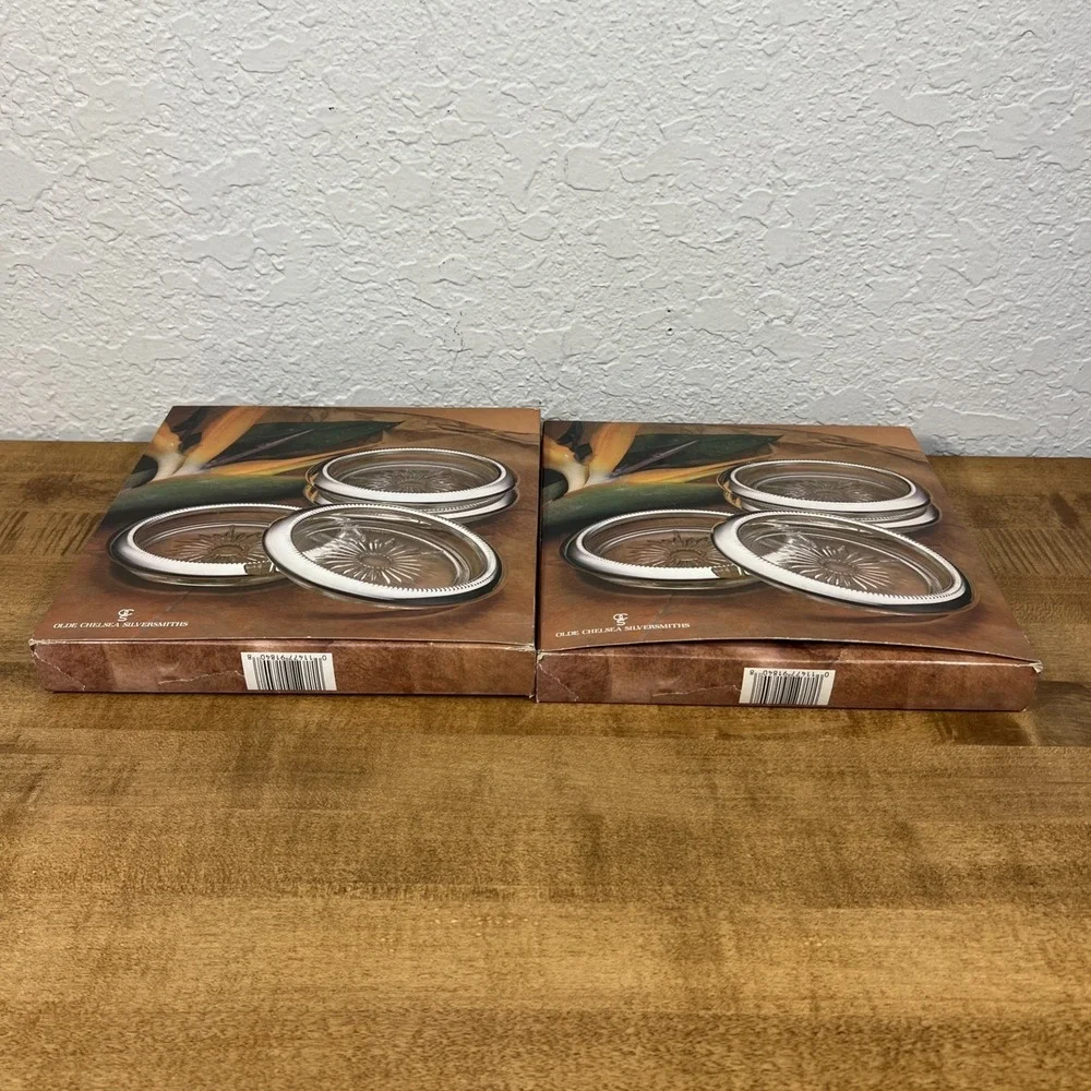 Olde Chelsea Silversmiths Silver plated Glass Coasters Set Of 8 Open Box - Read!